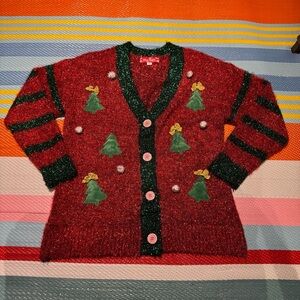 Women's Jollidays Long Sleeve Tinsel Button Front Holiday Cardigan Size Small